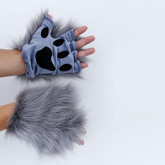 Adolala Faux Fur Fox Tail Cat Wolf Set Plush Mask Fluffy Paw Gloves Halloween Christmas Party for Women