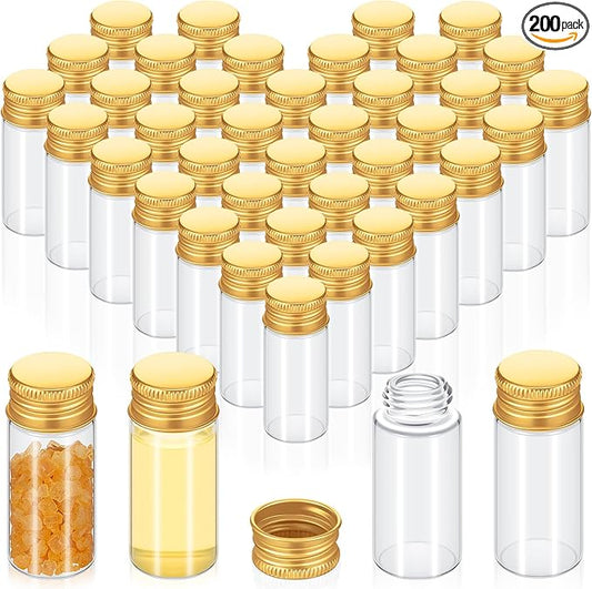 200 Pcs Small Clear Vials Spice Mini Jars with Lids Mini Glass Bottles with Screw Aluminum Metal Caps Tiny Jars Sample Containers for Powder Cream Cosmetic Jewelry Wedding (10 ml,Gold Caps)