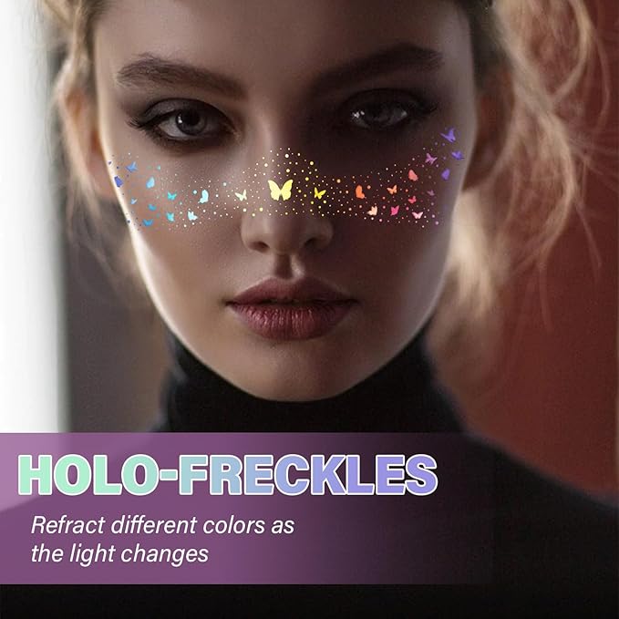 10 Pcs Holographic Multicolor Glitter Freckles, Glow Up Laser Silver Glitter Freckles Face Tattoo, Waterproof Face Sparkle Freckles, Long-lasting 48h Temporary Tattoos for Women