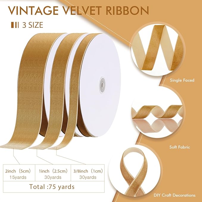 Yilloog 3/8'' 1'' 2'' 90 Yards Christmas Velvet Ribbon Vintage Satin Fabric Velvet Ribbon Roll for Christmas Tree Ornaments Decoration Gift Wrapping Bow DIY Crafts (Khaki)