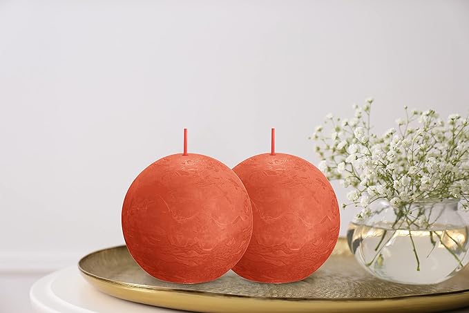 BOLSIUS 3 Pack Orange Rustic Ball Pillar Candles - 3 Inch - Premium European Quality - Includes Natural Plant-Based Wax - Unscented Dripless Smokeless 25 Hour Party Décor and Wedding Candles