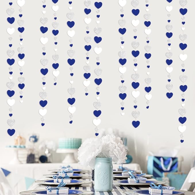 52 Ft Valentines Day Party Decorations Navy Blue Silver Heart Garlands Silver Royal Blue Hanging Streamer Banners for Anniversary Bachelorette Engagement Wedding Bridal Shower Birthday Party Supplies