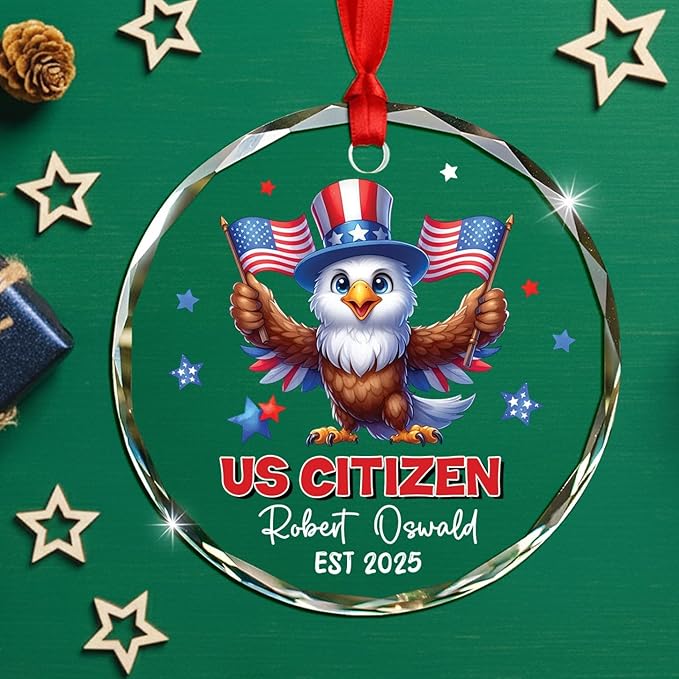 Novelty Owl US Citizen Glass Xmas Ornament Gift for New U.S. Citizenship, Personalized Year Name New American Citizen Christmas Ornament 2025, Custom USA Citizens Hanging Ornament Gift for Patriotic