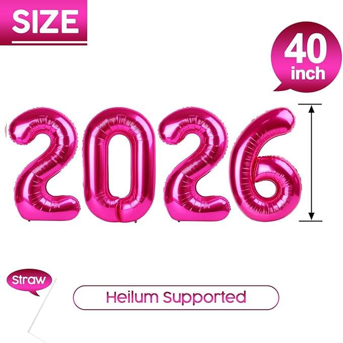 2026 Balloon - Hot Pink Birthday Number Balloons, 40 Inch Large Foil Balloons for Men Women Boys Girls Hot Pink Themed Birthday Decorations，Number 2026 Balloon