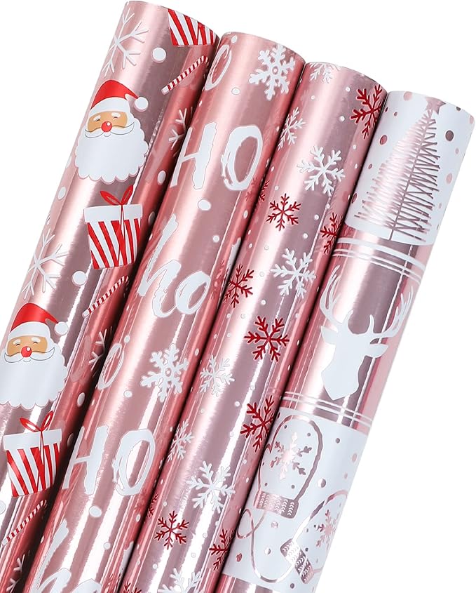 WRAPAHOLIC 30 Inch Christmas Wrapping Paper Roll - Jumbo Roll Rose Gold Santa, Snowflakes and Reindeer Holiday Collection with Metallic Foil Shine - 4 Rolls - 30 Inch x 120 Inch Per Roll