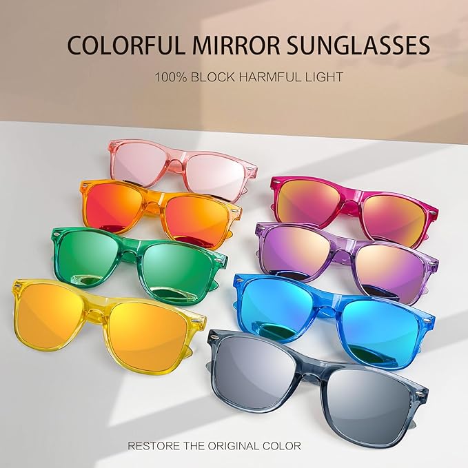 Pibupibu 10/20 Pack Neon Party Sunglasses Bulk,Wholesale Retro 80s Colorful Mirrrored Lens Sunglasses Party Favors