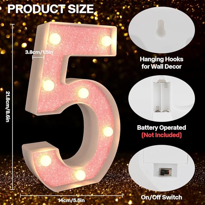 Marquee Light up Numbers 0-9, Battery Powered LED Light, Pink Glitter Plastic Sign, Night Light Decor for Graduation, Engagement, Wedding, Baby Shower, Birthday (Number 5)
