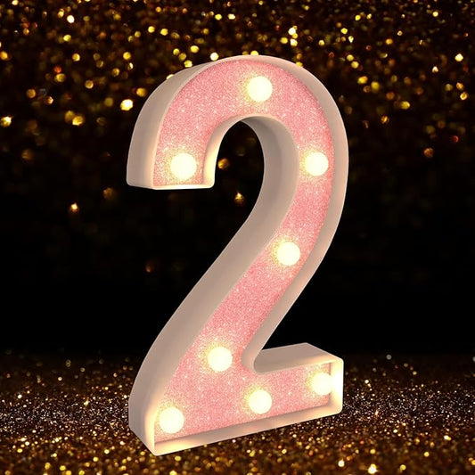 Marquee Numbers Light up Numbers, 0-9 Number Battery Powered LED Light, Pink Glitter Plastic Numbers for 2nd Birthday Decorations, Number Decor for Graduation Engagement Wedding Birthday (Number 2)
