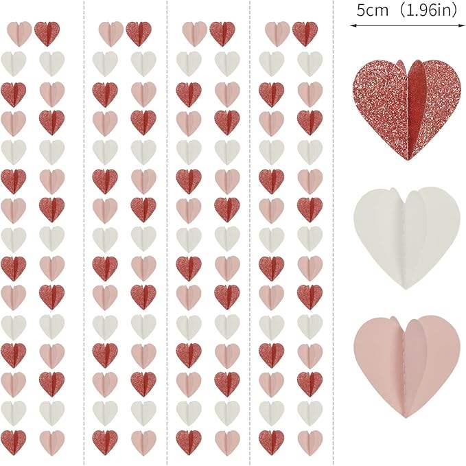 Rose-Gold Pink White 3D-Heart Garland - 39Ft Party Decorations Hanging Paper Streamers Banner,Engagement Wedding Bachelorette Baby Bridal Shower Decor Ouruola