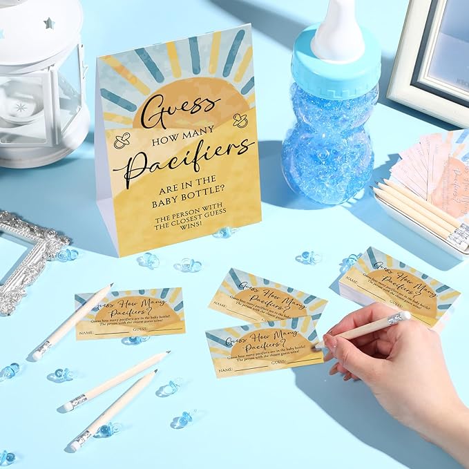 Roowest 512 Pcs Baby Shower Games Guess How Many Pacifiers Sign 100 Small Guessing Games 10 HB Pencils 750ml Milk Bottle 400 Acrylic Pacifiers Decoration for Guest Gender Reveal(Blue,The Son)