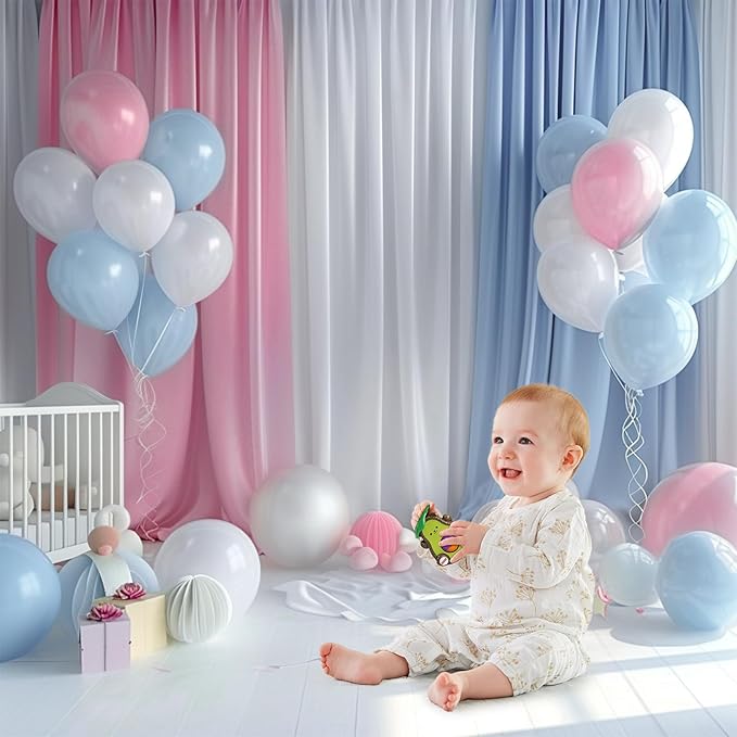 Backdrop Curtain 10x7ft, Gender Reveal Backdrop for Baby Shower, Wrinkle-Free Polyester Fabric Photo Backdrop Curtain, Blue, Pink, and White for Wedding and Party Decorations,5 Panels