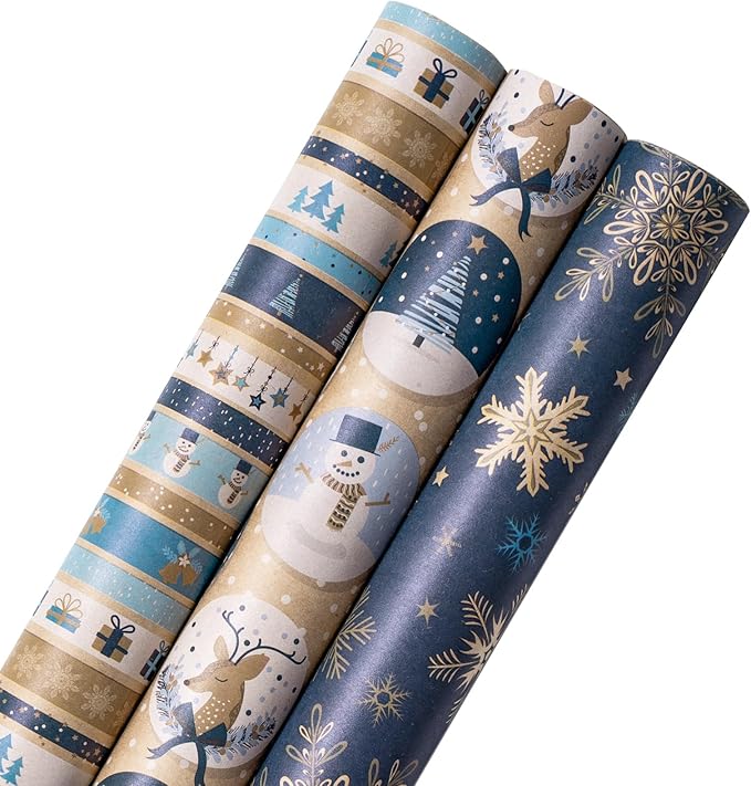 RUSPEPA Christmas Kraft Wrapping Paper Roll - Mini Roll - 17 inches x 10 feet per Roll, Total of 3 Rolls - Blue Snowman and Snowflake