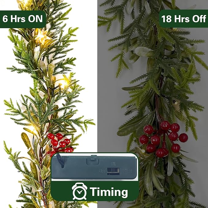 Pre-lit Christmas Garland with Lights, Battery Operated Garland with Star Berry Faux Spruce for Outdoor Indoor Mantle Holiday Decorations 6FT 20LED