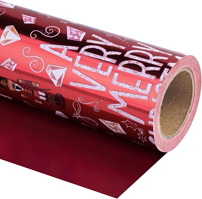 WRAPAHOLIC 30 Inch Jumbo Reversible Nutcracker Christmas Wrapping Paper - 30 Inch x 100 Feet Jumbo Roll Merry Christmas Nutcracker Wrapping Paper with Metallic Foil Shine for Xmas Holiday, Party