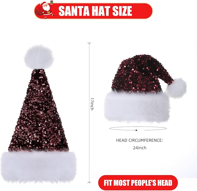 Personalized Sequin Santa Hat for Adults, Red Glitter Christmas Party Hat, Xmas Halloween New Year Holiday Headwear