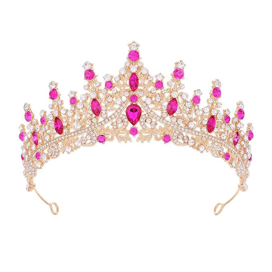 Hot Pink Tiara for Women Crystal Queen Crowns Rhinestone Princess Tiaras for Girl Wedding Headband for Bride Hair Accessories for Halloween Costume Birthday Party Prom Mother's Gifts