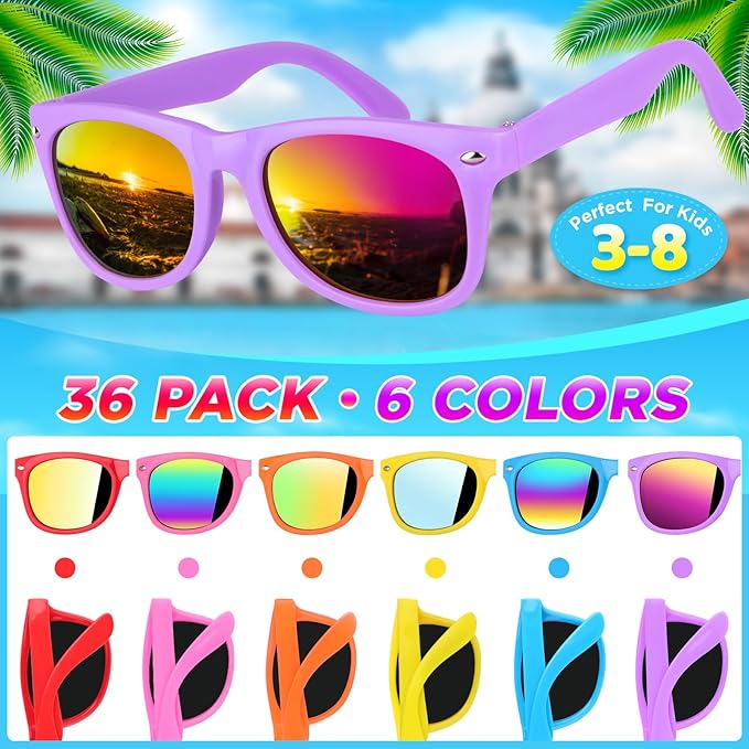 GINMIC Kids sunglasses bulk, Kids Sunglasses Party Favor, 36Pack Neon Sunglasses for Boys and Girls Age 3-8, Goody Bag Favors, Great Gift for Pool, Birthday Party Supplies…
