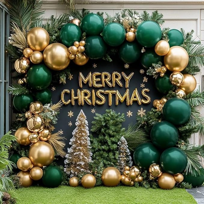 Emerald Green Gold Balloons Garland Double Stuffed Dark Green Gold Balloons Hunter Forest Metallic Arch Kit for Birthday Christmas New Year Baby Shower Jungle Party Decorations