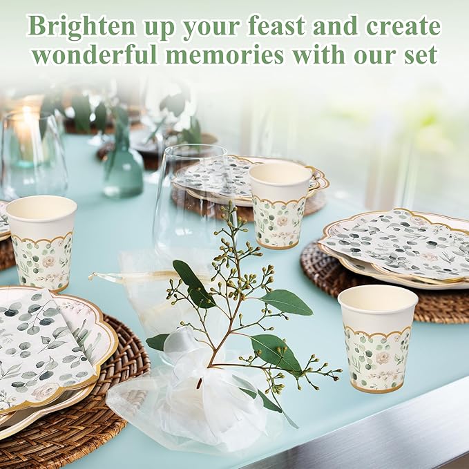 250 Pcs Sage Green Color Party Decorations Eucalyptus Greenery Plates Cups and Napkins Paper Baby Shower Bridal Shower Party Tableware Set for Wedding Birthday Jungle Decorations, Serves 50