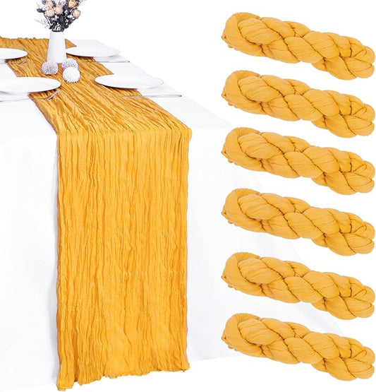 6 Pack Gold Cheesecloth Table Runner 10FT Boho Gauze Fabric Table Runner 35 x 120 Inch Rustic Sheer Runner for Fall Centerpiece Wedding Birthday Baby Shower Party Boho Table Decoration