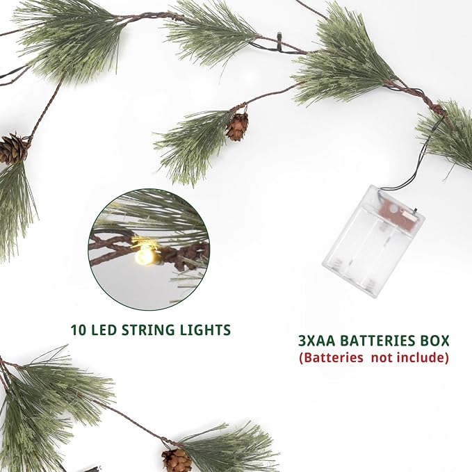 6.4ft Smokey Christmas Garland with Lights, Prelit Natual Rustic Cedar Pine Garland with Pine Cones for Home New Year, Mantle, Fireplace, Indoor Outdoor Decoration Simple Garland