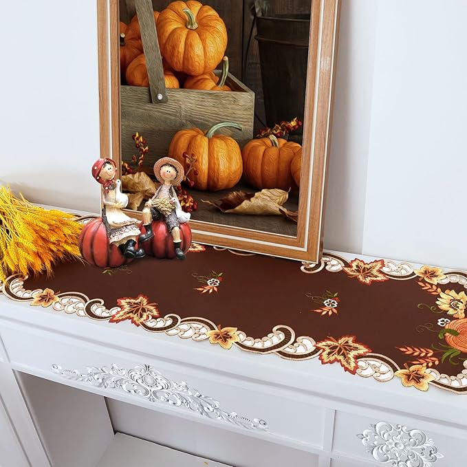 Simhomsen Brown Embroidered Thanksgiving Harvest Pumpkins Table Runners for Autumn Or Fall Decorations (14 × 54 Inches)