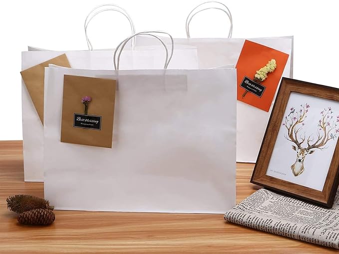 70Pcs White Paper Bags with Handles 16x6x12 inch, Large Recycled Kraft Paper Bags Bulk for Shopping, Wedding,Business, Retail, Boutique, Party, Grocery, Party Favor