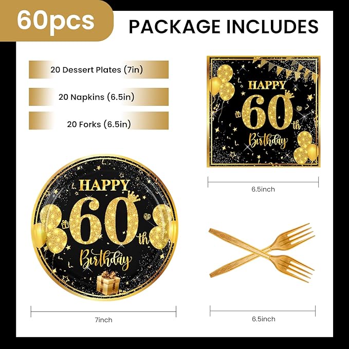 60th 7 inch Birthday Party Paper Plates and Napkins Forks 60 pcs Black Gold Decorations for Boys Girls Tableware Set for Birthday Anniversary Party Supplies,Serve 20
