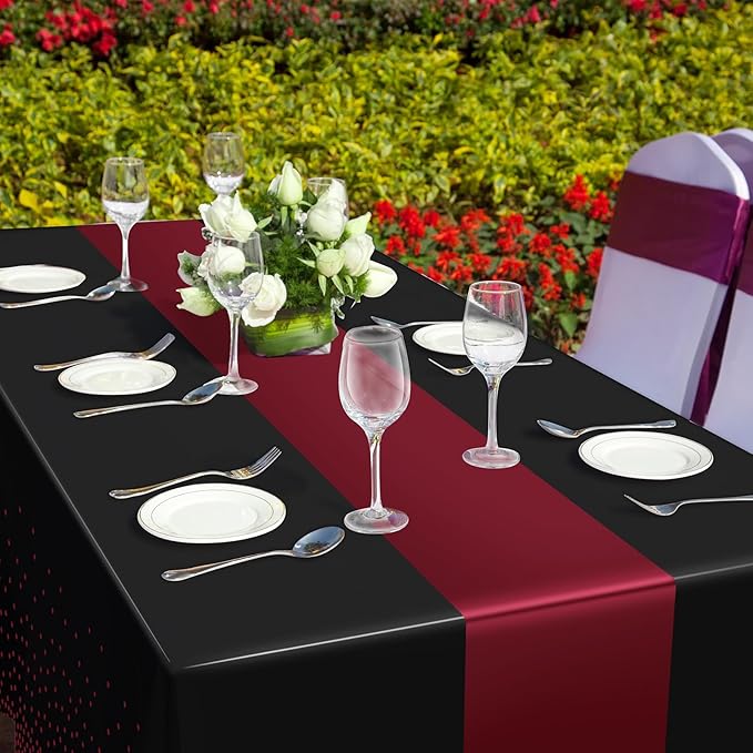 3Pcs Black and Maroon Tablecloth Party Decorations,Plastic Black Table Cloth Printed Maroon Table Runner Disposable Rectangle Table Cover for Birthday Wedding Graduation Anniversary Party,54x108Inch