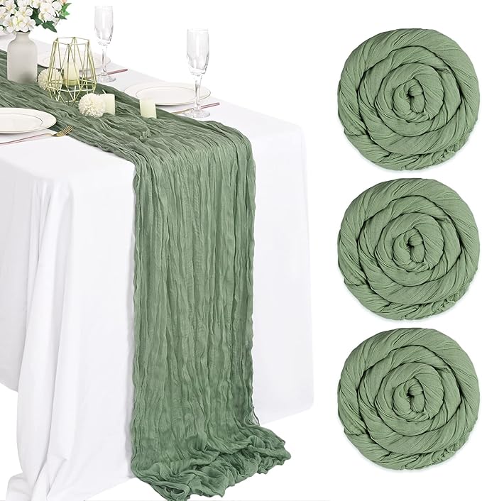 3 Pack Sage Green Cheesecloth Table Runner, 13Ft x 35" Sage Rustic Gauze Boho Wedding Table Runner Decoration, Wedding Party Bridal Shower