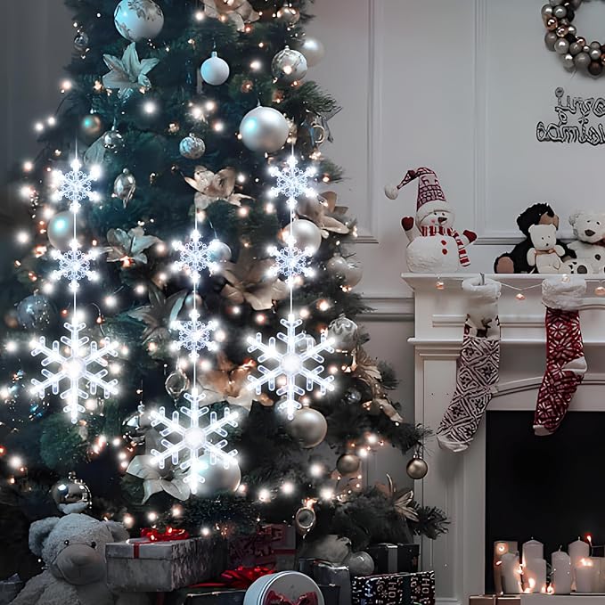 3Pack Christmas Window Lights Decorations with Timer, Battery Powered Christmas Hanging White Lighted Snowflake Shaped LED Sucker String for Xmas Tree Fireplace Indoor Decor