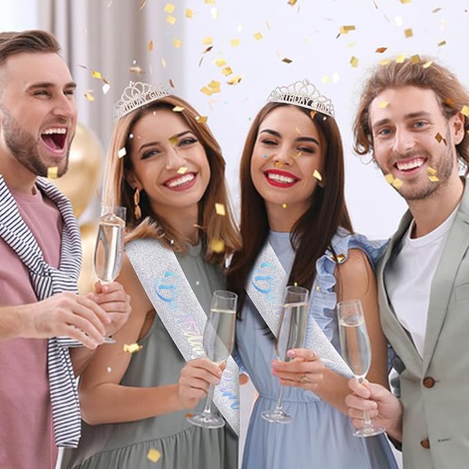 CAVETEE Birthday Headband for Women，Silver Birthday Crowns & Sash - Queen Tiara for Party