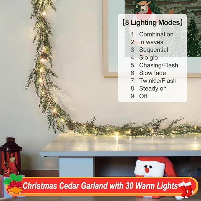 Artgar Pine Garland Realistic, 6 FT Cedar Garlands, Christmas Garland with 30 Warm Lights with 8 Light Modes, Garland Christmas Decorations for Mantels Stair Table Decor (White-Green)