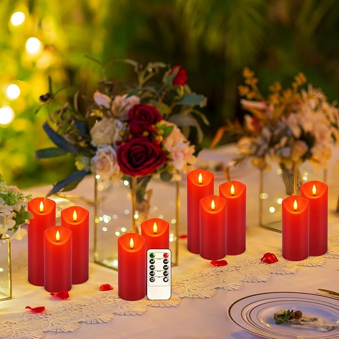 LED Flameless Candles with Remote, Set of 24 Red Flickering Candles, Battery Operated Realistic Pillar Candles for Halloween, Christmas, New Year, Home Decor, Parties