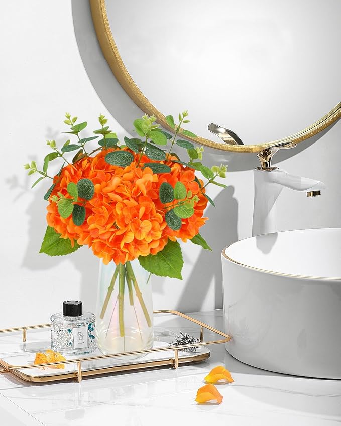 Tifuly Fake Hydrangea Artificial Flowers with Vase 4pcs Real Touch Faux Hydrangea and 3pcs Eucalyptus Stems for Wedding Centerpiece Home Party Table Decoration（Orange）