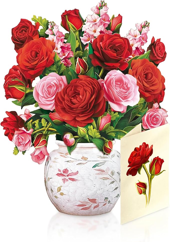 Freshcut Paper Pop Up Cards, Mini Blooming Roses, 6 Inch Mini Sized Forever Flower Bouquet 3D Popup Greeting Cards, Valentine's Day, Anniversary Card, Blank Notecard & Envelope