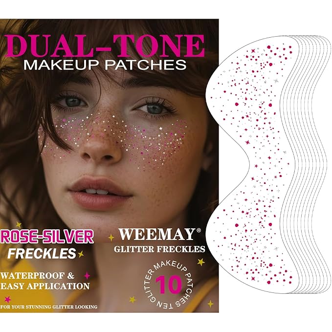 10 Pcs Rose-Silver Laser Glitter Freckles, Rose and Silver Glitter Freckles Face Tattoo, Waterproof Face Sparkle Freckles, Long-lasting 48h Temporary Tattoos for Women