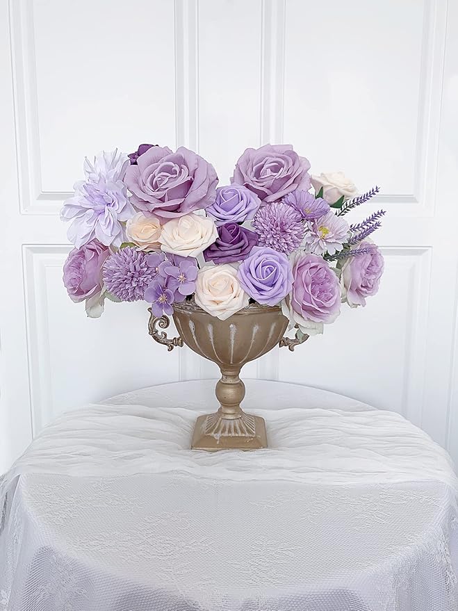 Roses Artificial Flowers Purple Bouquets Box Set Fake Flower with Stems Bulk for DIY Bridal Wedding Shower Decorations Faux Floral Arrangements for Party Table Centerpieces Home Decor Indoor