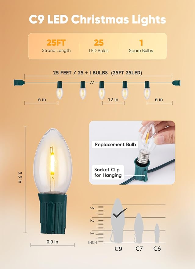 Minetom Vintage C9 Christmas Lights Outdoor, 25 Feet 25 LED C9 Christmas Decorations, Connectable Waterproof String Lights for Holiday Party Roofline Backyard Garden Patio, E17 Base, Warm White