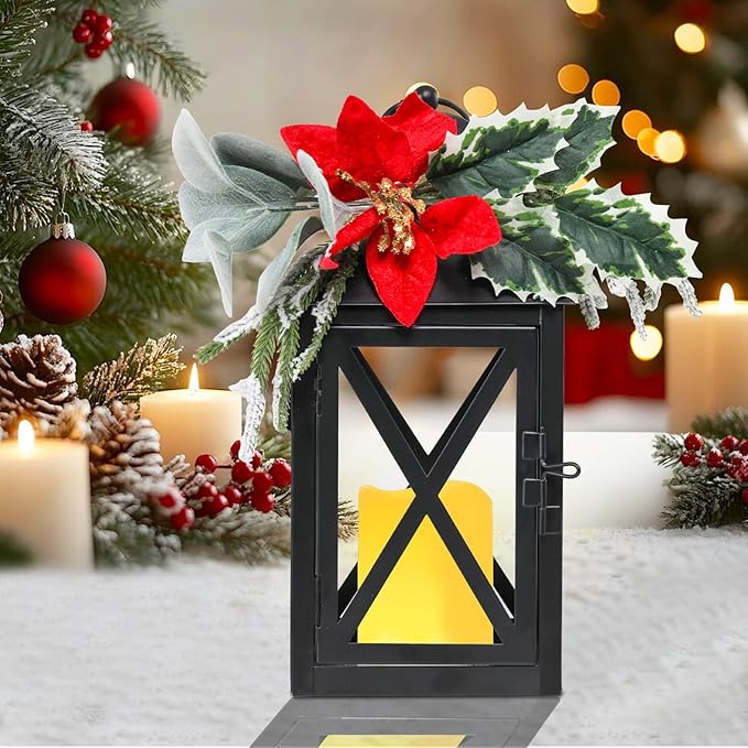 Christmas Lanterns Decorative Indoor, 2 Pack Christmas Lantern Outdoor, 12 Inch Decorative Candle Lanterns Flameless Light with Floral and Greenery for Table Centerpieces,Home, Porch Decor