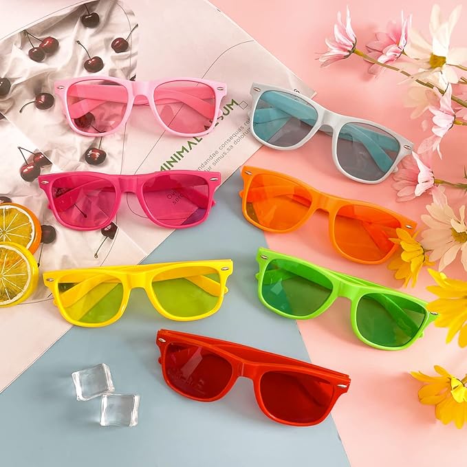 SUNOVELTIES 12/24 Pack Neon Party Sunglasses Mirrored/Jelly Lens Bulk Glasses Horn Rimmed Eyewear for Men Women