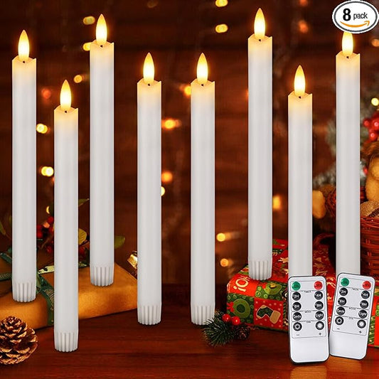 Flameless Candles with Remote: 8 Pack Battery Operated Window Candles 9.6" Real Wax LED Flickering Flameless Taper Candles 3D Wick Lights Halloween Christmas Wedding Birthday Party Decorations (White)