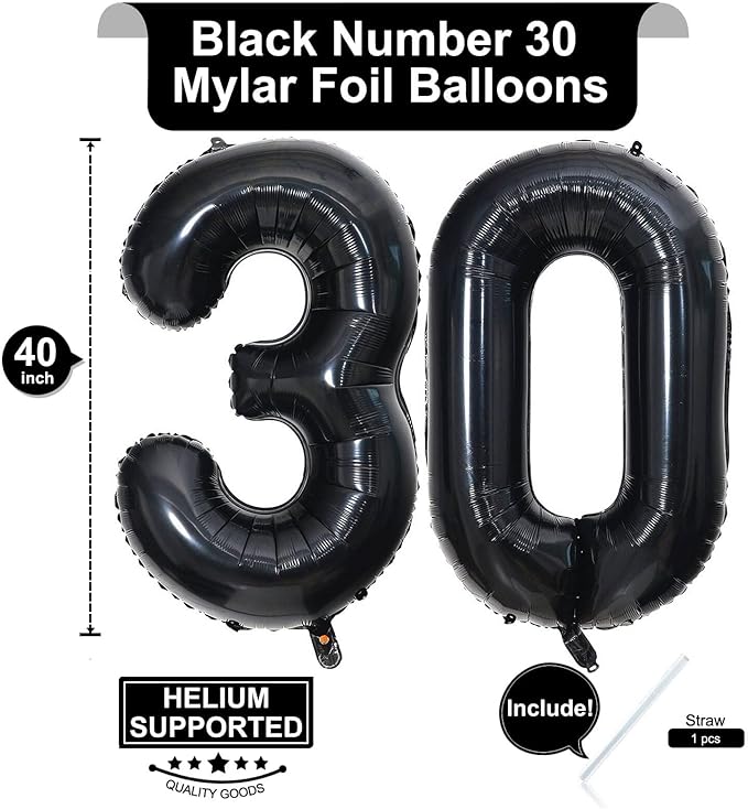 40 Inch Black 30 Number Balloons Giant Jumbo Huge 30 Foil Mylar Helium Number Digital Balloons Black Birthday Mylar Digital Balloons Dirty 30th Birthday Party 30th Anniversary Events Party Decorations