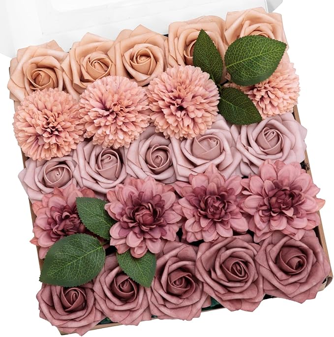 TINGE TIME Dusty Pink Flowers, Dusty Rose Fake Flower Leaf with Stems for DIY Wedding Bouquets Table Centerpieces Baby Shower Home Party Floral Arrangements Decorations
