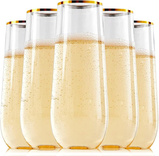 FOCUSLINE 24 Pack 9 Oz Plastic Stemless Gold Rim Champagne Flutes, Heavy Duty, Shatterproof, Disposable & Reusable Crystal Clear Toasting Glasses