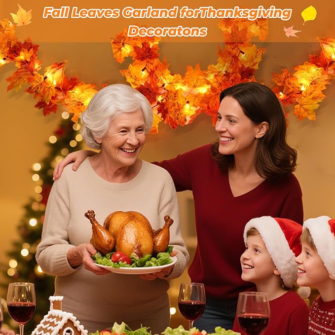 Fall Garland with Lights Battery Operated,10FT 50 Orange Bulbs Lighted Fall Leaves Garland,Fall Decorations for Home Thanksgiving,Mantel,Fireplace,Porch,Halloween,Table Decor Indoor Outdoor(1 Pack)