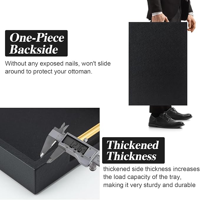 Black Rectangle Serving Tray with Gold Handles for Party,Large Wood Decorative Tray for Ottoman,Faux Leather Coffee Table Tray Decor