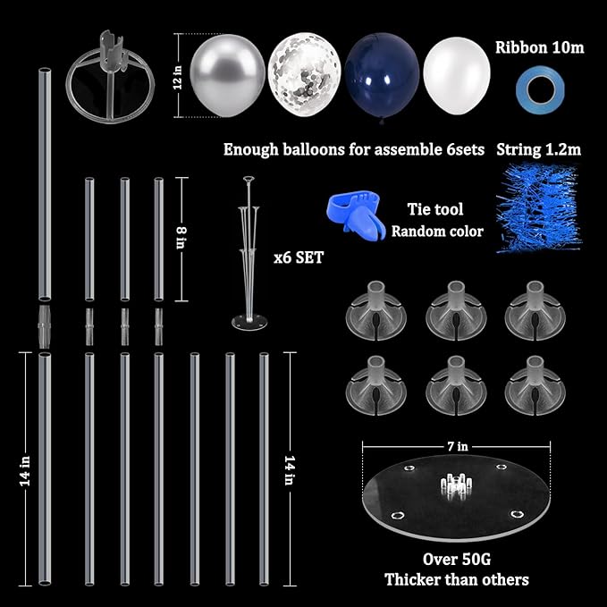 6 Set Balloon Stand with Blue and Silver Balloons Centerpiece Table Decorations Birthday Graduation Bridal Shower Wedding Anniversary Father's Day Retirement New Years Decorations 2025