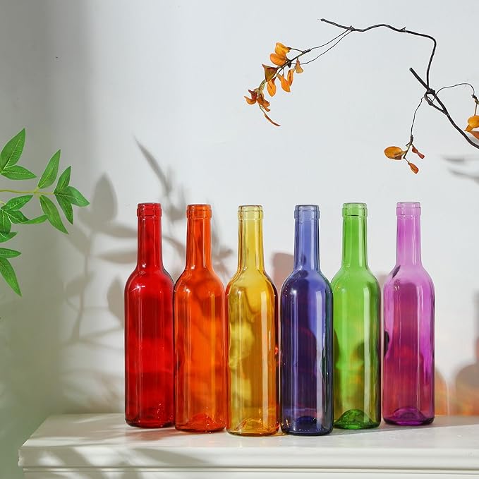 Rtteri 12 Pcs Decorative Colored Wine Bottles 375ml Empty Glass Bottles for Flowers Wedding Decor Centerpiece Christmas Party Favor DIY Crafts (Multicolor)