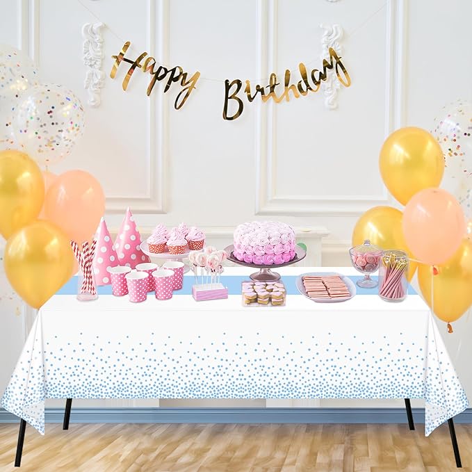 WNINK 4 Pack White and Light Blue Tablecloths, Light Blue Disposable Plastic Waterproof Table Cover, 54" x 108", for Birthday, Baby Shower，Wedding, Bridal Shower, Picnic Camping Parties